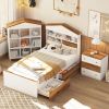 3-Pieces Bedroom Sets, Twin Size House-Shaped Wooden Bed with Storage Drawers, Nightstand with Colorblock Design and House-shaped Stroage Rack, Brown+
