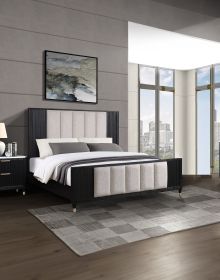 1pc Black Finish King Upholstered Panel Bed Upholstered Headboard Footboard Metal Legs Protection Wooden Bedroom Furniture