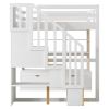 Full Size Loft Bed with Desk and Shelves, Two Built-in Drawers, Storage Staircase, White and Natural