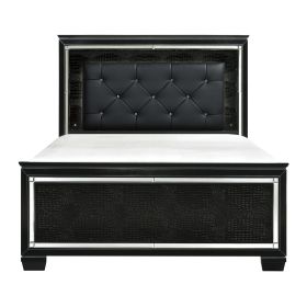 Black Finish Upholstered Button-Tufted 1pc Queen Size Bed LED Headboard Faux Alligator Embossed Textural Panels Wooden Bed