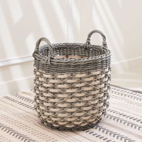 Zita Round Resin Woven Wicker Multi-Use Storage Basket with Handles - 18" x 18" x 19.6" - White-Gray - For Towel, Toys