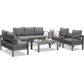 5 Pieces Outdoor All-Weather Conversation Set, Sectional Sofa, Aluminum Couch - Dark Gray Cushions