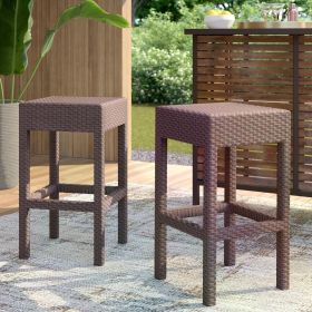 Outdoor PE Rattan Backless Barstools, Set of 2, Dark Brown