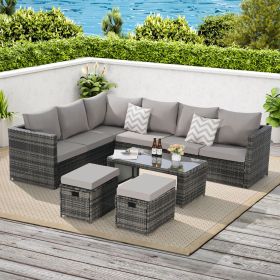 6 Piece Outdoor Patio Furniture Set, All Weather Wicker Rattan Outdoor Sofa Conversation Set with Glass Table, Cushions and Pillows, for Lawn, Garden