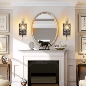 Rustic Farmhouse Wall Sconces Set of 2, Vintage Industrial Plug-in Wall Lights with Clear Glass Shade, Black and Gold Finish for Bedroom, Living Room