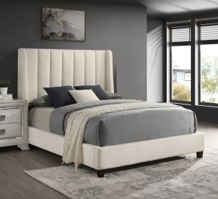 1pc Contemporary Boucle Upholstered King Bed Tufted Wing Back Headboard & Low Profile Footboard Channel Tufted Wooden Bedroom Furniture White