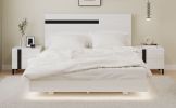 Modern High Gloss 3-Piece Bedroom Set Floating Bed Frame Queen Size Platform Bed with LED Light & 2 Nightstands, White