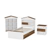3-Pieces Bedroom Sets, Twin Size House-Shaped Wooden Bed with Storage Drawers, Nightstand with Colorblock Design and House-shaped Stroage Rack, Brown+