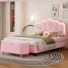 2-Pieces Bedroom Sets Full Size Flower-Shaped Upholstered LED Platform Bed with Storage Ottoman-Sherpa Fabric, Pink