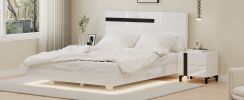 Modern High Gloss 3-Piece Bedroom Set Floating Bed Frame Queen Size Platform Bed with LED Light & 2 Nightstands, White