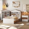 3-Pieces Bedroom Sets, Twin Size House-Shaped Wooden Bed with Storage Drawers, Nightstand with Colorblock Design and House-shaped Stroage Rack, Brown+