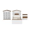 3-Pieces Bedroom Sets, Twin Size House-Shaped Wooden Bed with Storage Drawers, Nightstand with Colorblock Design and House-shaped Stroage Rack, Brown+