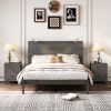 3-Pieces Bedroom Sets, Full Size Farmhouse Platform Bed with Two Bedside Lights, 2-Drawer Nightstand, Antique Gray