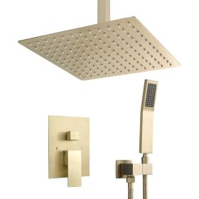 10 Inch Ceiling Mounted Square Rain Shower Head and Handheld Shower head Set (Color: Gold)
