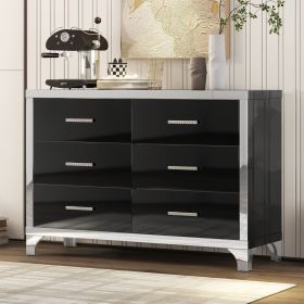 Elegant High Gloss Dresser with Metal Handle,Mirrored Storage Cabinet with 6 Drawers for Bedroom,Living Room (Material: MDF, Color: Black)