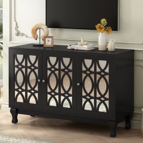 Modern Mirrored TV Stand for TV up to 55 Inches,Entertainment Center Solid Wood Legs,Metal Handle and 3 Adjustable Shelves For Living room (Material: MDF, Color: Black)