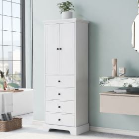 Storage Cabinet with 2 Doors and 4 Drawers for Bathroom, Office, Adjustable Shelf, MDF Board with Painted Finish (Material: MDF, Color: White)