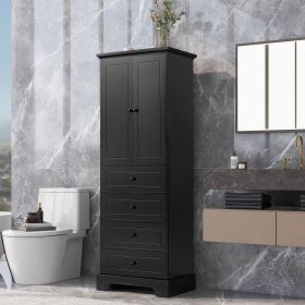 Storage Cabinet with 2 Doors and 4 Drawers for Bathroom, Office, Adjustable Shelf, MDF Board with Painted Finish (Material: MDF, Color: Black)