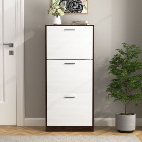 Shoe Storage Cabinet with 3 White Panel Flip Drawers, Freestanding Organizer for Entryway, Narrow Shoe Rack Cabinet (Material: Particle Board, Color: Walnut)