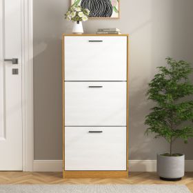 Shoe Storage Cabinet with 3 White Panel Flip Drawers, Freestanding Organizer for Entryway, Narrow Shoe Rack Cabinet (Material: Particle Board, Color: Natural)