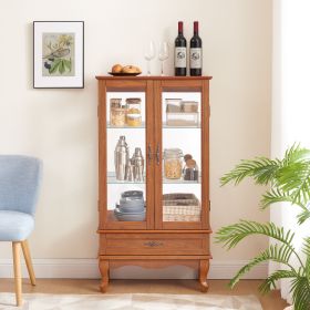 Lighted Glass Cabinet Glass Wine Cabinet Curio Display Cabinet with Adjustable Glass Shelves 2 Doors and 1 drawer Cabinet Bulb Included Cherry (Material: MDF+glass, Color: Oak)