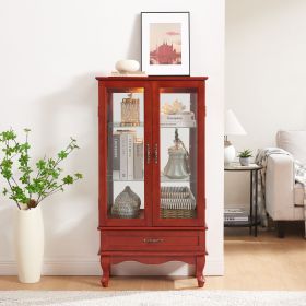 Lighted Glass Cabinet Glass Wine Cabinet Curio Display Cabinet with Adjustable Glass Shelves 2 Doors and 1 drawer Cabinet Bulb Included Cherry (Material: MDF+glass, Color: Cherry)