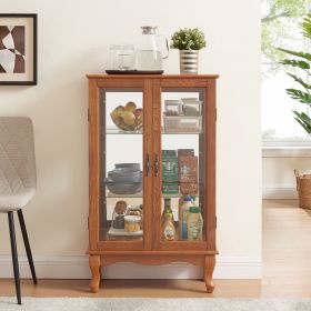 2 Doors Curio Cabinet with Tempered Glass Doors, Curio Cabinets with Mirrored Back Panel and Adjustable Shelves, Lighted Display Cabinet for Home (Material: MDF+glass, Color: Oak)