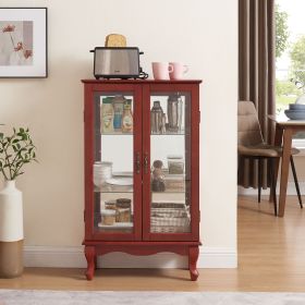 2 Doors Curio Cabinet with Tempered Glass Doors, Curio Cabinets with Mirrored Back Panel and Adjustable Shelves, Lighted Display Cabinet for Home (Material: MDF+glass, Color: Cherry)