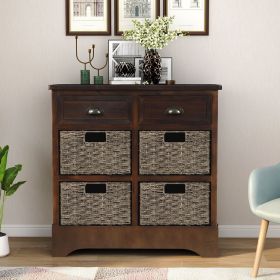 Rustic Storage Cabinet with Two Drawers and Four Classic Rattan Basket for Dining Room/Entryway/Living Room (Material: Solid Wood, Color: Espresso)