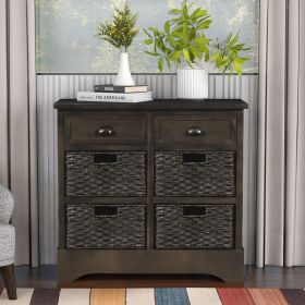 Rustic Storage Cabinet with Two Drawers and Four Classic Rattan Basket for Dining Room/Entryway/Living Room (Material: Solid Wood, Color: Brown Gray)