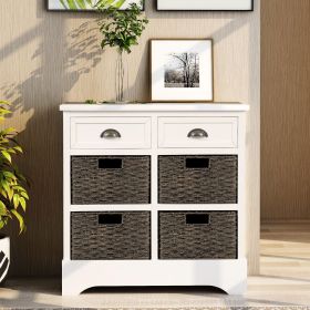 Rustic Storage Cabinet with Two Drawers and Four Classic Rattan Basket for Dining Room/Entryway/Living Room (Material: Solid Wood, Color: White)