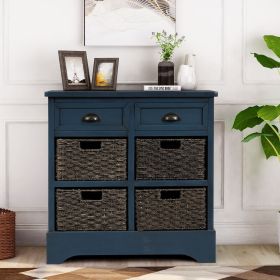 Rustic Storage Cabinet with Two Drawers and Four Classic Rattan Basket for Dining Room/Entryway/Living Room (Material: Solid Wood, Color: Antique Navy)