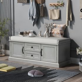 Storage Bench with 2 Drawers and 2 Cabinets,Shoe Bench with Removable Cushion for Living Room,Entryway (Material: Solid Wood, Color: Gray Wash)