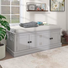 Storage Bench with 4 Doors and Adjustable Shelves,Shoe Bench with Removable Cushion for Living Room,Entryway (Material: Solid Wood, Color: Gray Wash)