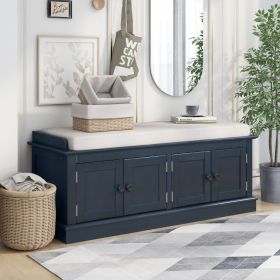 Storage Bench with 4 Doors and Adjustable Shelves,Shoe Bench with Removable Cushion for Living Room,Entryway (Material: Solid Wood, Color: Antique Navy)