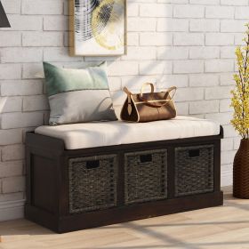 Rustic Storage Bench with 3 Removable Classic Rattan Basket ,Entryway Bench with Removable Cushion (Material: Solid Wood, Color: Espresso)