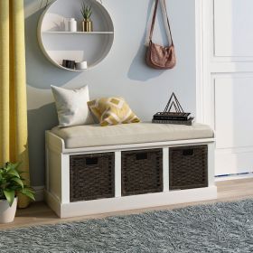 Rustic Storage Bench with 3 Removable Classic Rattan Basket ,Entryway Bench with Removable Cushion (Material: Solid Wood, Color: White)