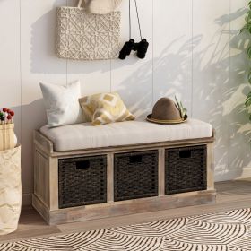 Rustic Storage Bench with 3 Removable Classic Rattan Basket ,Entryway Bench with Removable Cushion (Material: Solid Wood, Color: White Washed)