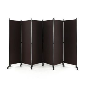 6 Panel 5.7 Feet Tall Rolling Room Divider on Wheels (Color: Brown)