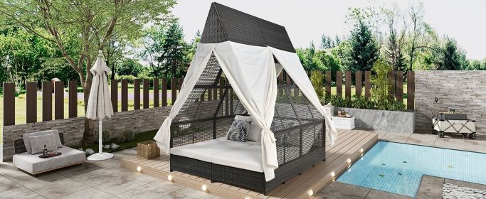 Outdoor Daybed Patio Lounge Bed with Adjustable Backrest Outdoor Double Sun Lounger with Curtains, 4 Pillows for Garden Patio Poolside Balcony Beach (Color: as Pic)